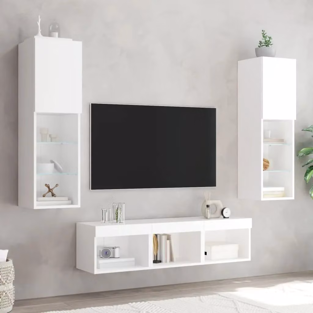 Berkfield Home 5 Piece Modern White Wall Mounted TV Unit Set with Integrated LED Lighting and Glass Details – 1