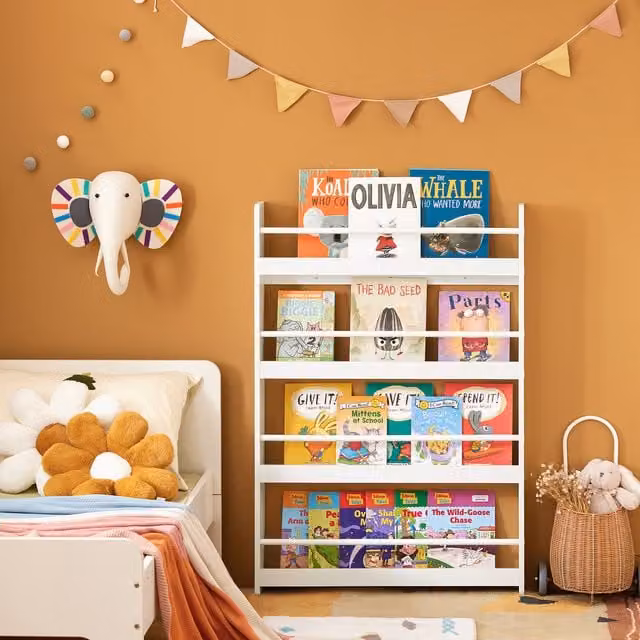 SoBuy Wall Mounted 4 Tier Childrens Bookcase in White – 6