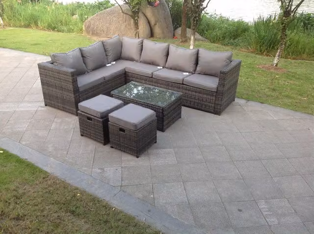 Fimous 8 Seater Rattan Corner Sofa Lounge Set with Rectangular Coffee Table, 2 Stools and Chair, Left Hand, Dark Grey