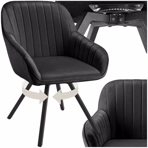 tectake Black Velvet Swivel Armchair with Metal Frame and Foam Padding – 1