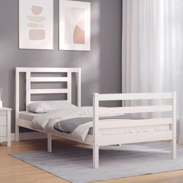 Berkfield Home Beautiful Solid Wood Bed Frame with Headboard in White, W/D/H: 90 x 200 x 100 cm – 1