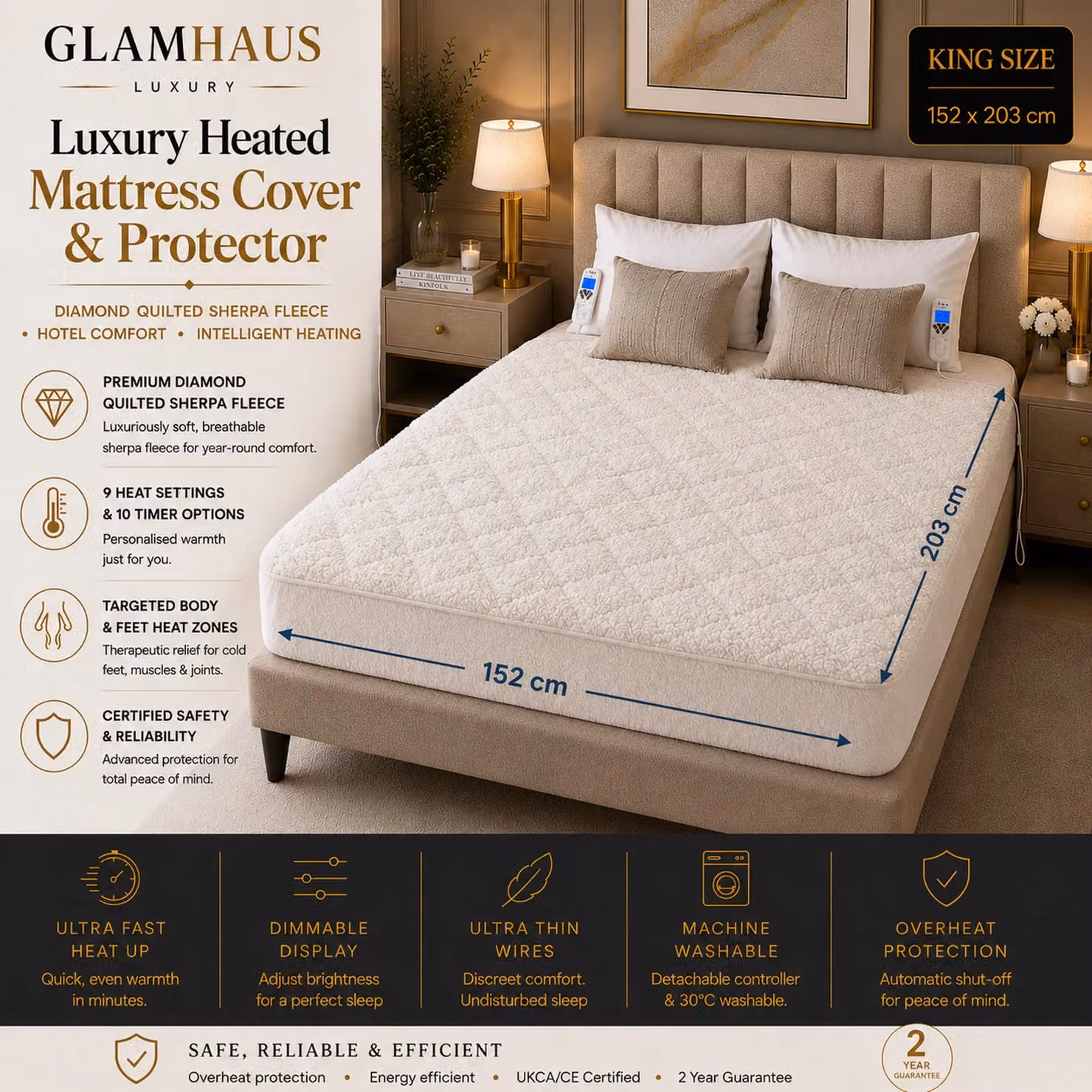 Glamhaus King Size Electric Sherpa Fleece Blanket in White, 180 x 200 cm, with 9 Heat and 10 Timer Settings – 2