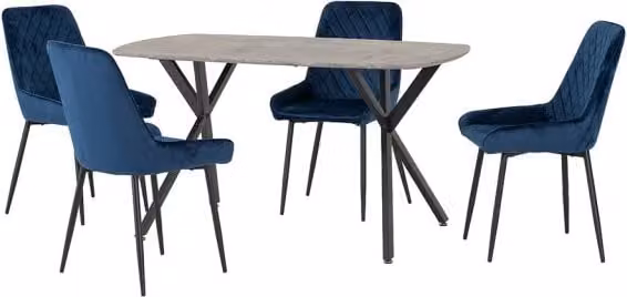 Seconique Athens Rectangular Concrete Effect Dining Table and 4 Avery Blue Velvet Chairs – 1