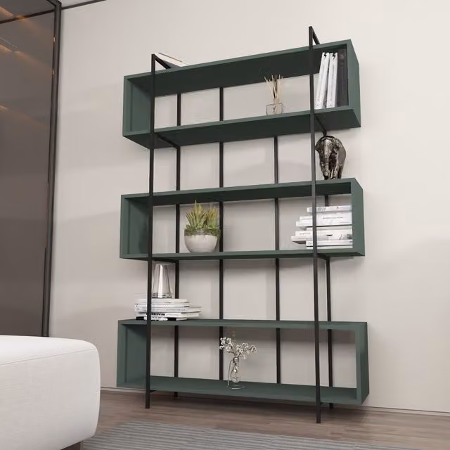 Bruti 6-Tier Industrial Geometric Bookshelf in Black and Green