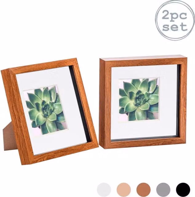 Nicola Spring Pack of 2 Square 3D Box Photo Frames in Brown and White with 4 x 4 inch Mounts