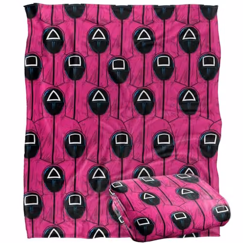 Netflix Squid Game Pink Guards Pattern Officially Licensed Super Soft Fleece Throw Blanket in White and Pink, W/D/H: 152 x 127 cm