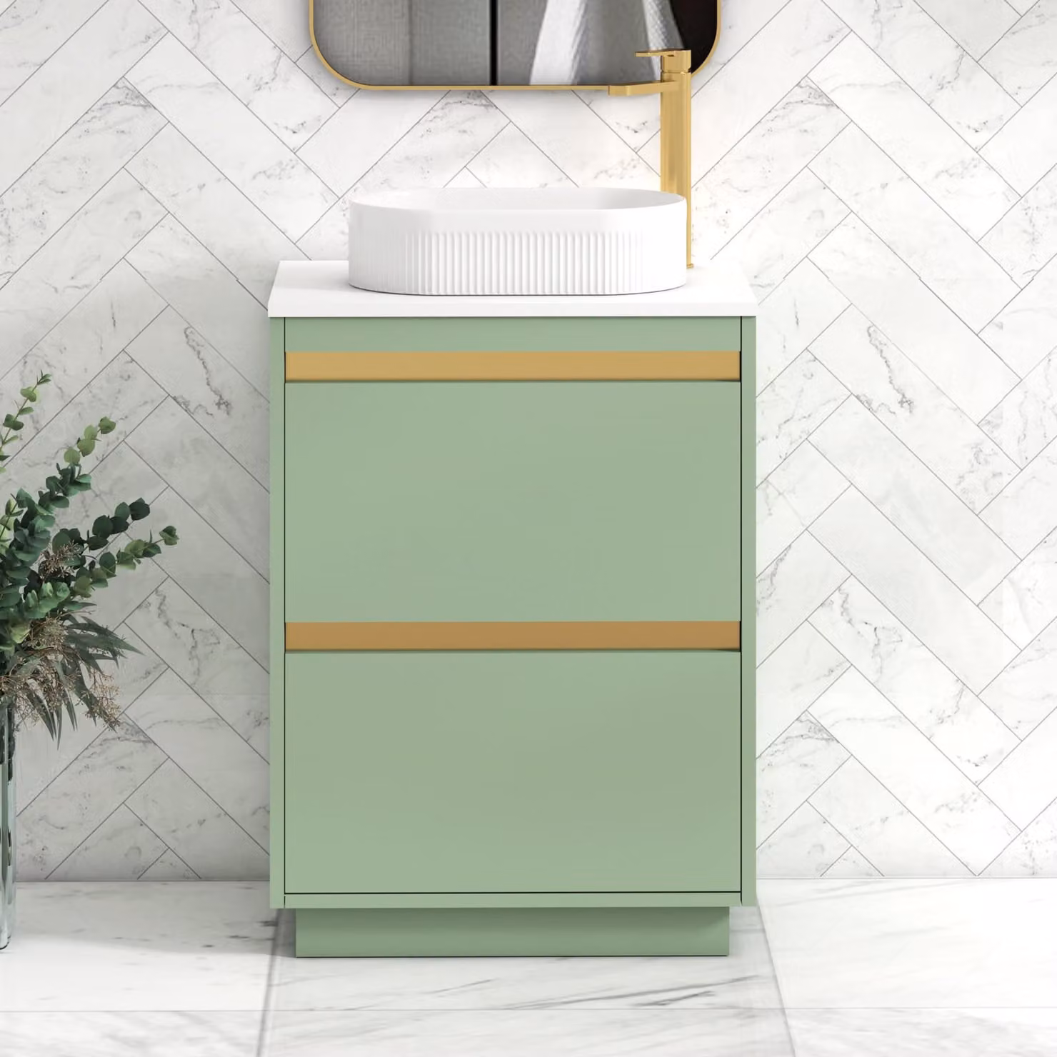 Royal Bathrooms Orion 600mm Mint Sage Floor Standing Vanity Unit with Lyon Basin and Brushed Brass Accents