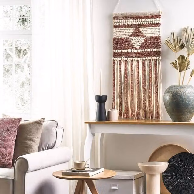 Wyld and Coco Handwoven Geometric Wool Wall Hanging in Red, Beige and White, W: 90 cm, H: 43 cm