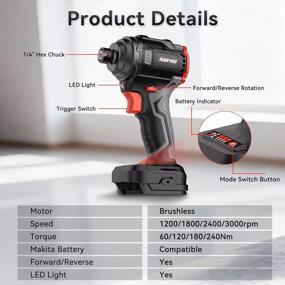 NANWEI Brushless Impact Driver with 240Nm Torque and 4-Speed Settings, Black and Multicolour – 5
