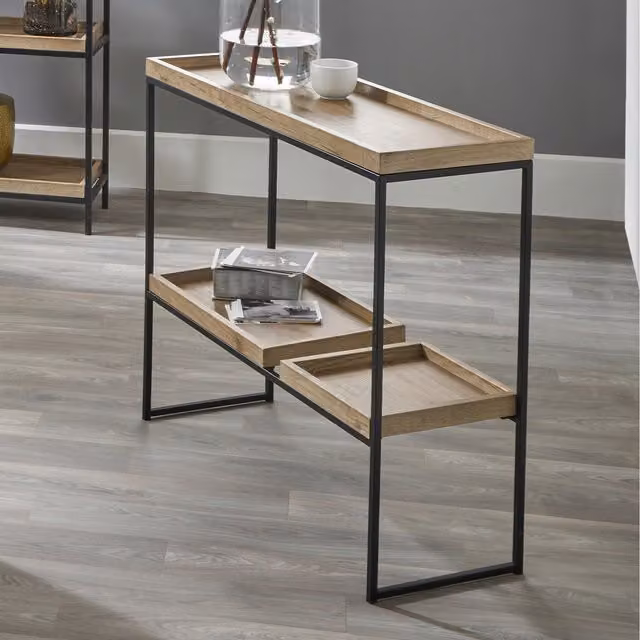 Pacific Lifestyle Modern Hallway Console Table with Removable Shelves in Natural Wood and Black Metal