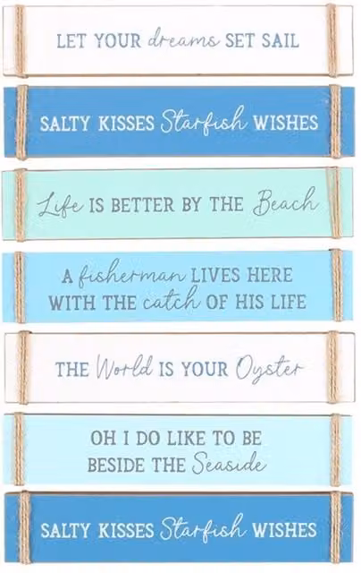 KDMK Nautical Maritime Wood Block Sign Set, Pack of 6 Multicolour Typography Tabletop Decor