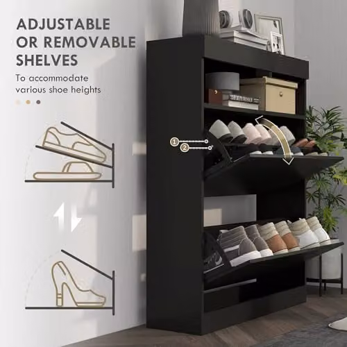 HOMCOM Narrow Glossy Black Shoe Cabinet, Wall Mounted or Freestanding with Tilting Compartments and Internal Shelves – 5
