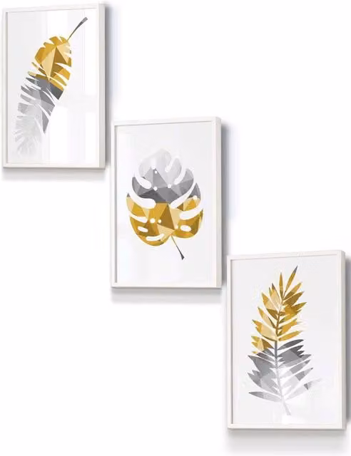 ARTZE Geometric Tropical Leaves Framed Wall Art in Yellow, Grey and White, W: 33 cm, H: 45 cm, D: 2 cm