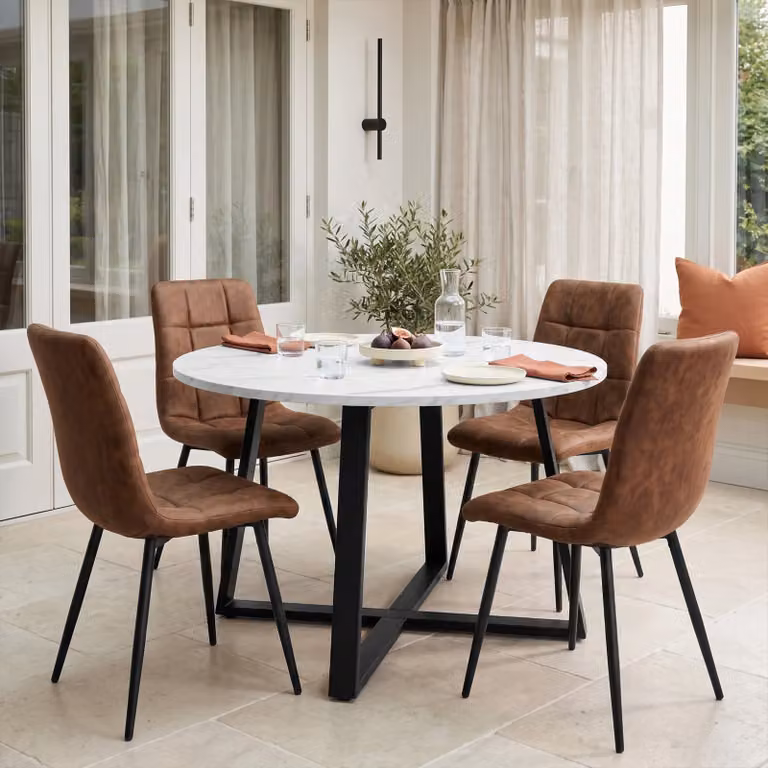 DHS Round Dining Table and 4 Chairs Set in White, Brown, Black and Grey