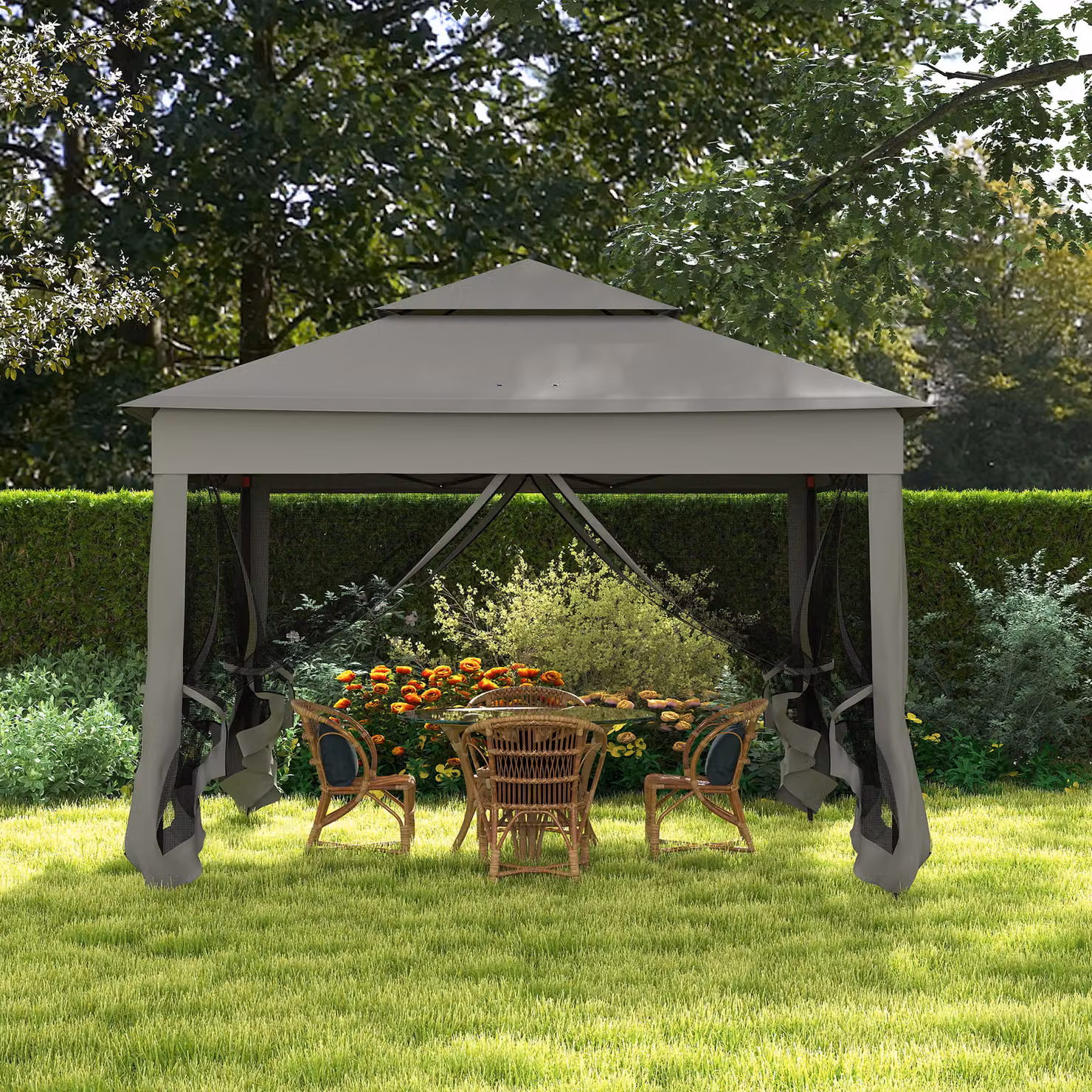 Outsunny Pop Up Gazebo with Sides and Netting, Double-Roof Garden Tent in Dark Grey, W: 300 cm, H: 270 cm – 2