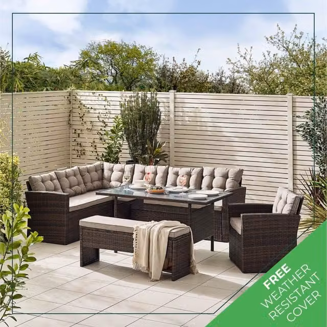 FurnitureboxUK Marbella 9 Seat Grey Rattan Garden Dining Set with Grey Cushions and Glass Table Top, Brown – 1
