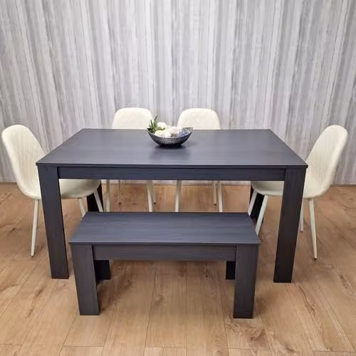 KOSY KOALA Grey Rectangular Dining Table Set with 1 Bench and 4 Cream Faux Leather Chairs – 1