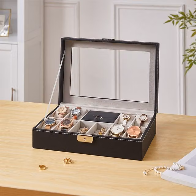 Livingandhome 8-Slot Watch Display Box with Ring Slots and Lid, Black Fabric