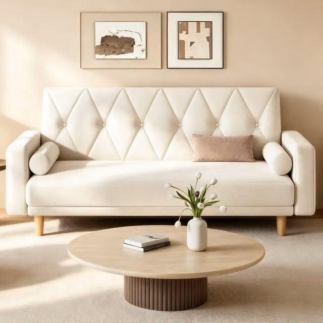 Yaheetech 3 Seater Click-Clack Sofa Bed with 2 Pillows in Beige Fabric