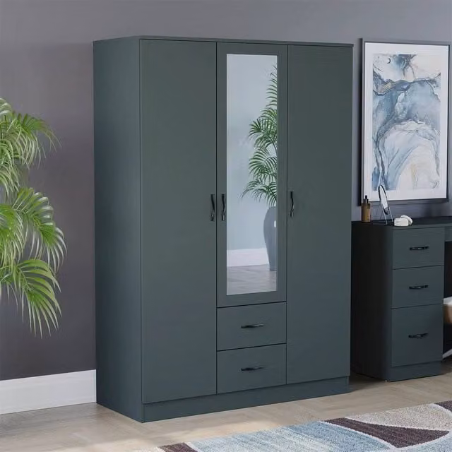 SPETLEK Green Wooden 3 Door 2 Drawer Mirrored Wardrobe Storage Cupboard