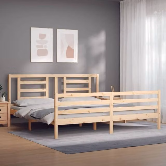 Berkfield Home Beautiful Bed Frame with Headboard in Natural Solid Pine, W/D/H: 200 x 100 x 205.5 cm