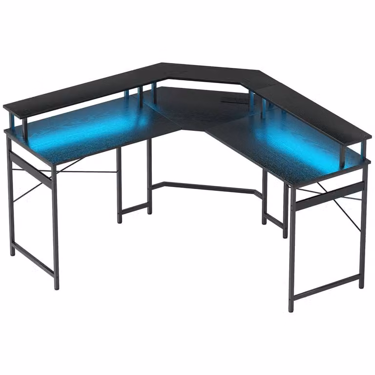 Wyld Haus Vevano L Shaped Corner Work Desk in Black with Integrated 16 Colour LED, W: 138.5 cm, H: 73 cm