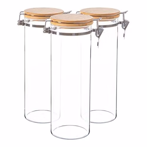 Argon Tableware Glass Storage Jars with Wooden Clip Lids, 1.75 l, Pack of 3, Transparent