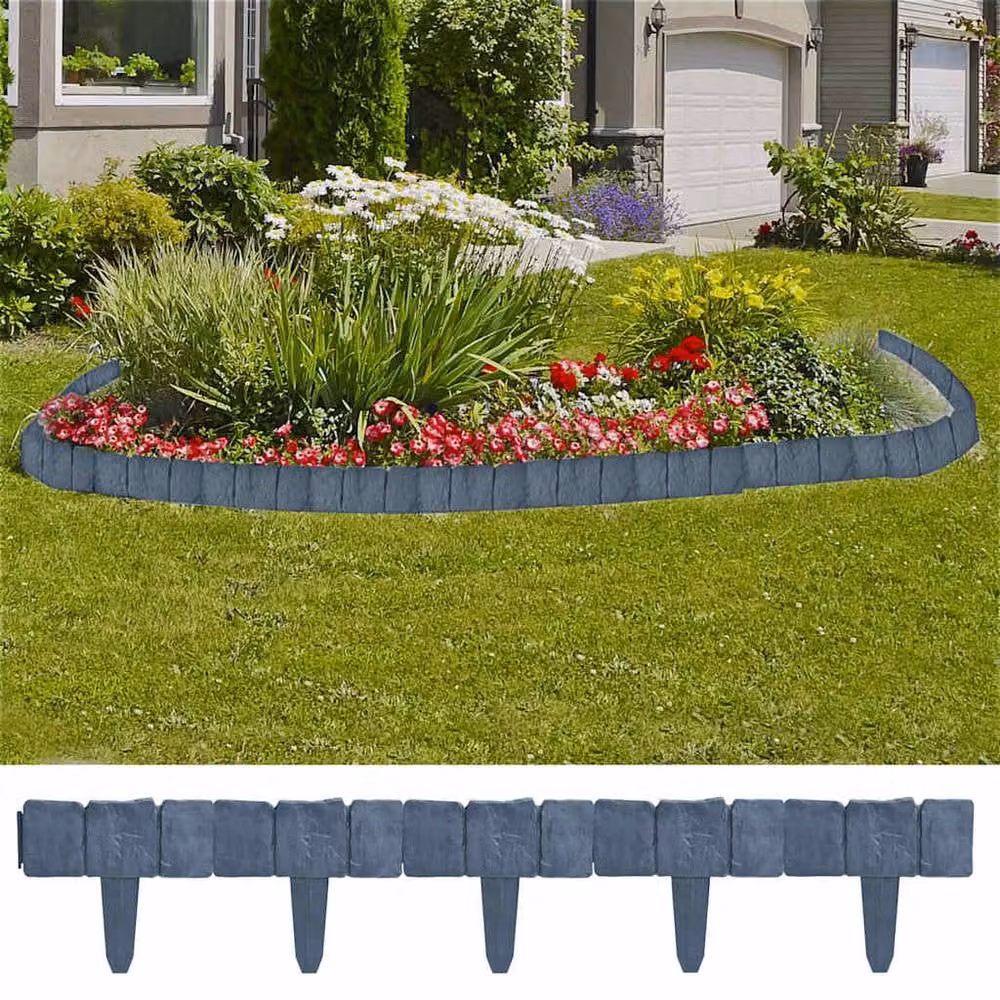 Berkfield Home Plastic Garden and Lawn Fence in Stone Look, Grey, 41 Pieces, 10 m – 1