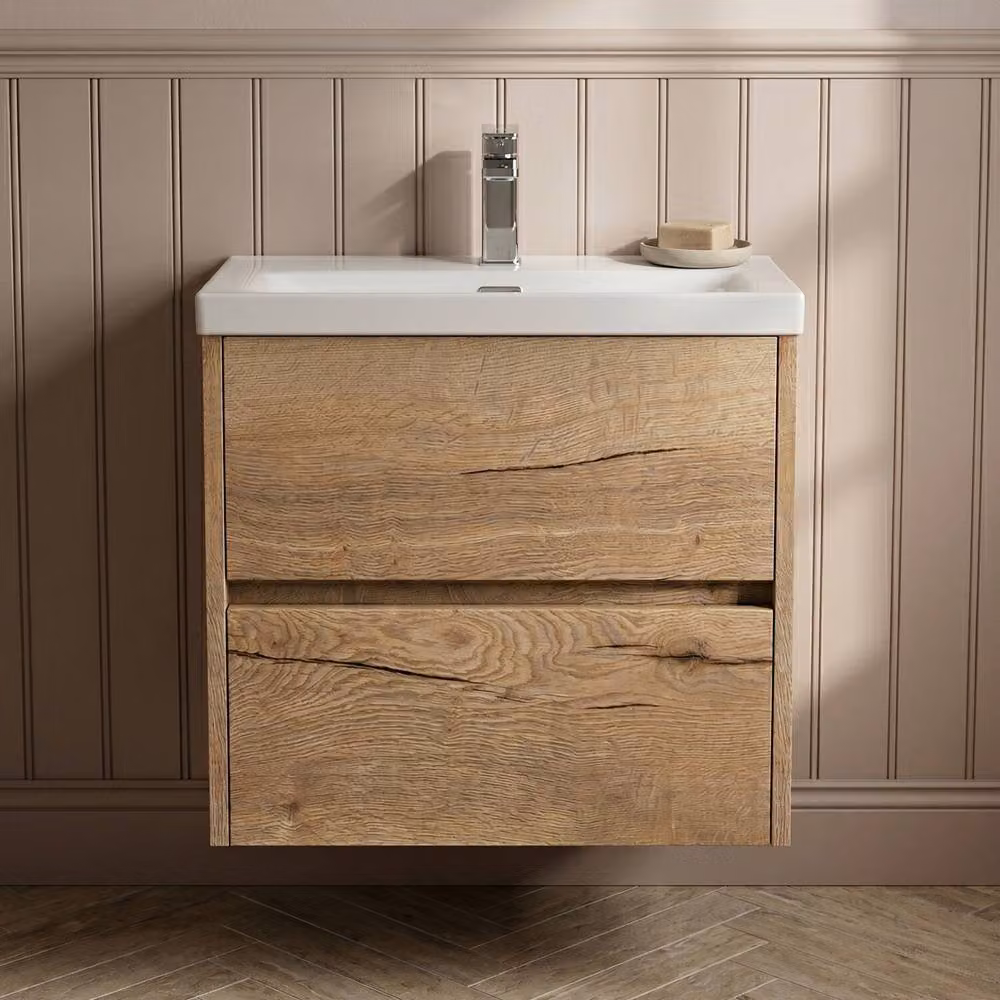 Balterley Chartley 2 Drawer Wall Hung Vanity Basin Unit in Autumn Oak Brown, Width: 60 cm – 2