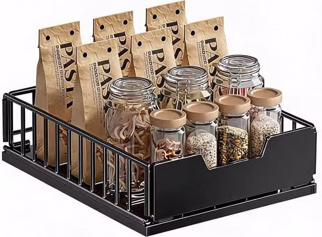 London Boutique Adjustable Metal Pull Out Kitchen Drawer Organizer Basket, Black – 1