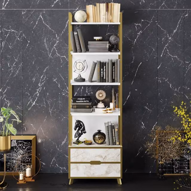 Decorotika Frida Modern Bookcase, White Marble Effect and Gold, Width: 60 cm
