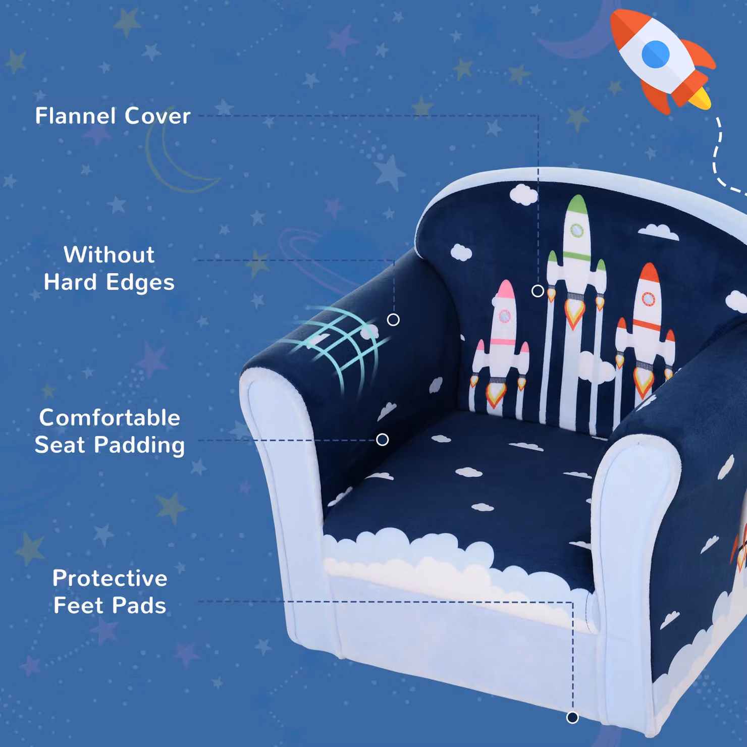 HOMCOM Blue Fabric Childrens Armchair Single Sofa Seat with Solid Wood Frame – 4