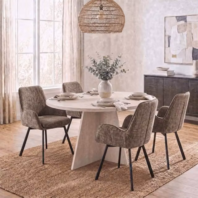 FWStyle Modern Round Travertine Dining Table and 4 Brown Swivel Chairs Set in Beige and Black