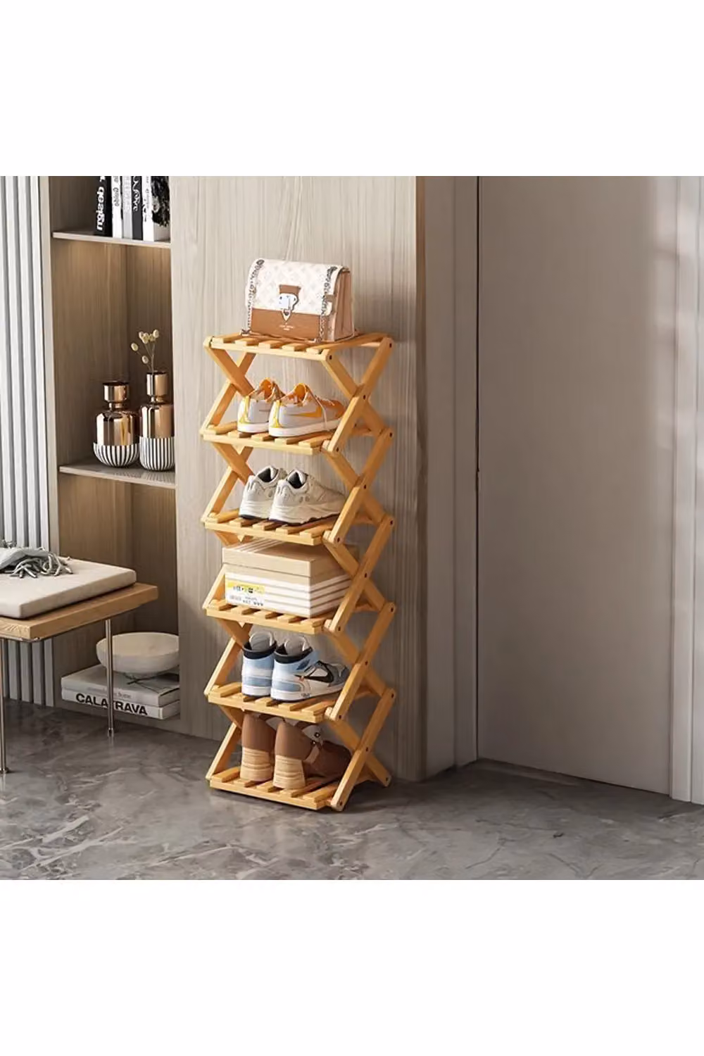 Living and Home Bamboo Folding Shoe Rack Organiser in Light Brown – 2