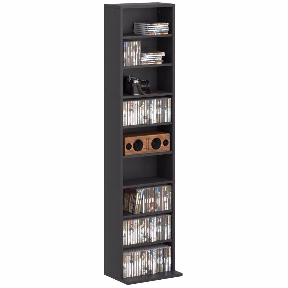ERGOVEXA Black Narrow CD Storage Unit with Adjustable Shelves and Media Compartments, W/D/H: 24.0 x 15.0 x 140.0 cm – 3