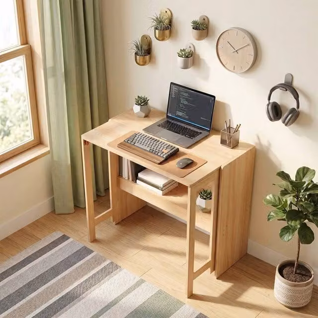 EONLION Natural Folding Computer Desk in Brown Wood with Drop Leaf Design