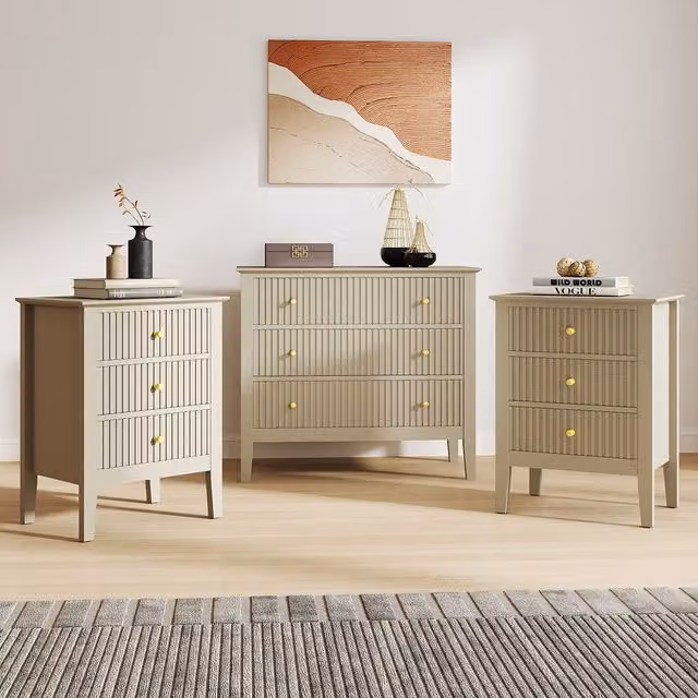 Melody Maison Hales Taupe Range 3 Drawer Chest and Pair of Bedside Tables in Beige