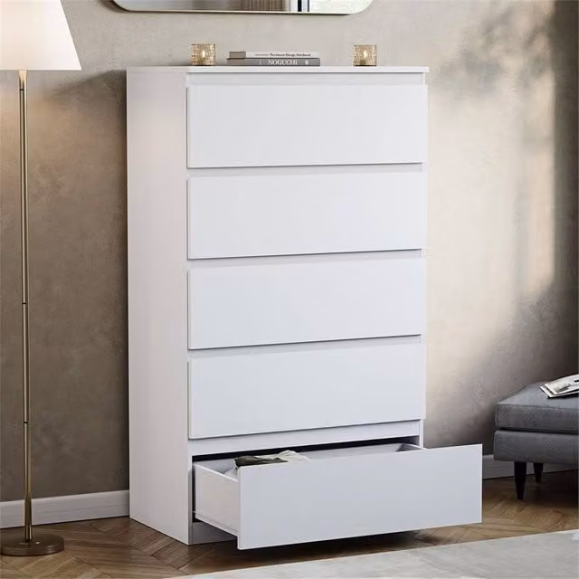 FORGEVIO Modern White 5 Drawer Chest of Drawers in Pine Wood – 1