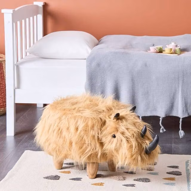 Wyld and Coco Rhino Kids Stool in Sand Beige Faux Fur with Rubberwood Legs, W/D/H: 36 x 37 x 37 cm