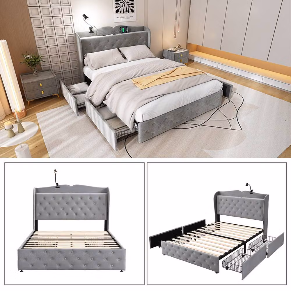 BTM Grey Velvet Single Bed with 4 Drawers, USB-C Charging Port and Integrated Reading Light, W/D/H: 90 x 200 x 113 cm – 2