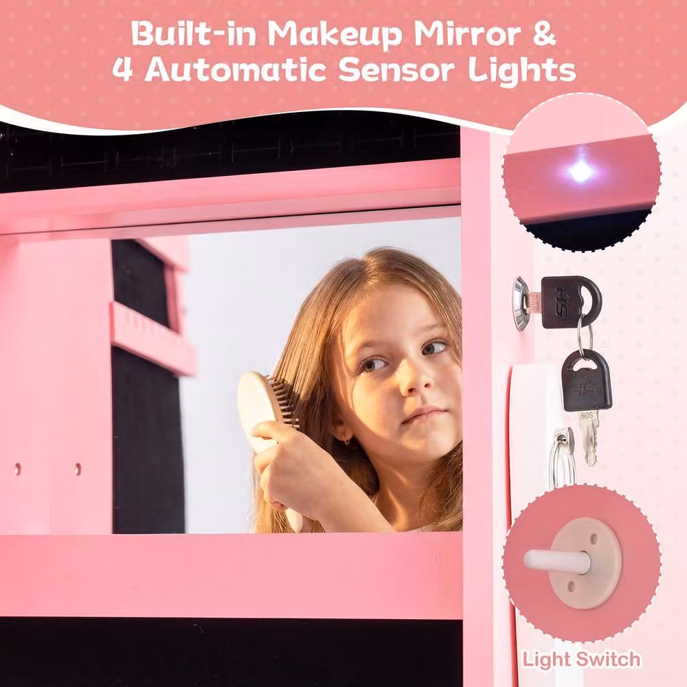 Costway Kids Jewelry Cabinet with LED Lighting and Full-Length Mirror in Pink – 5