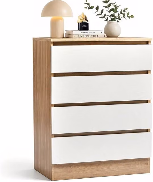 KORVIXA Modern Wood Bedside Chest with 4 Drawers in White and Multicolour, W/D/H: 100 x 100 x 7.5 cm – 1