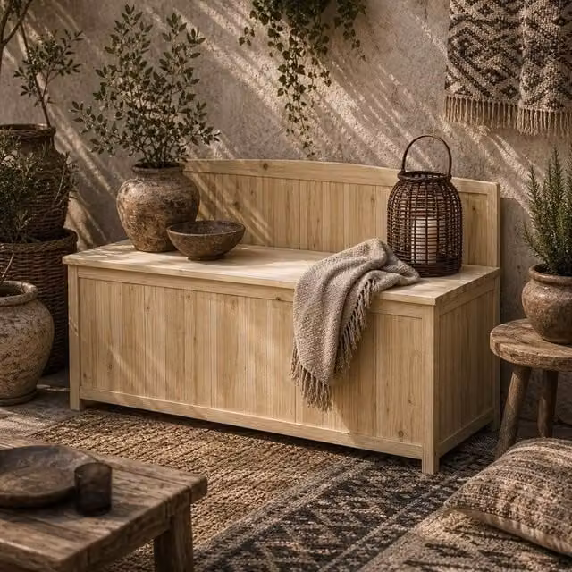 Wyld Haus Venamo Natural Fir Wood Outdoor Storage Bench with Lift Up Seat, 115 cm