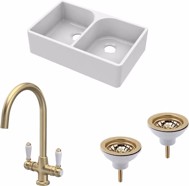 Balterley White Ceramic 2 Bowl Full Weir Butler Sink with Brushed Brass Waste Tap, W: 795 mm