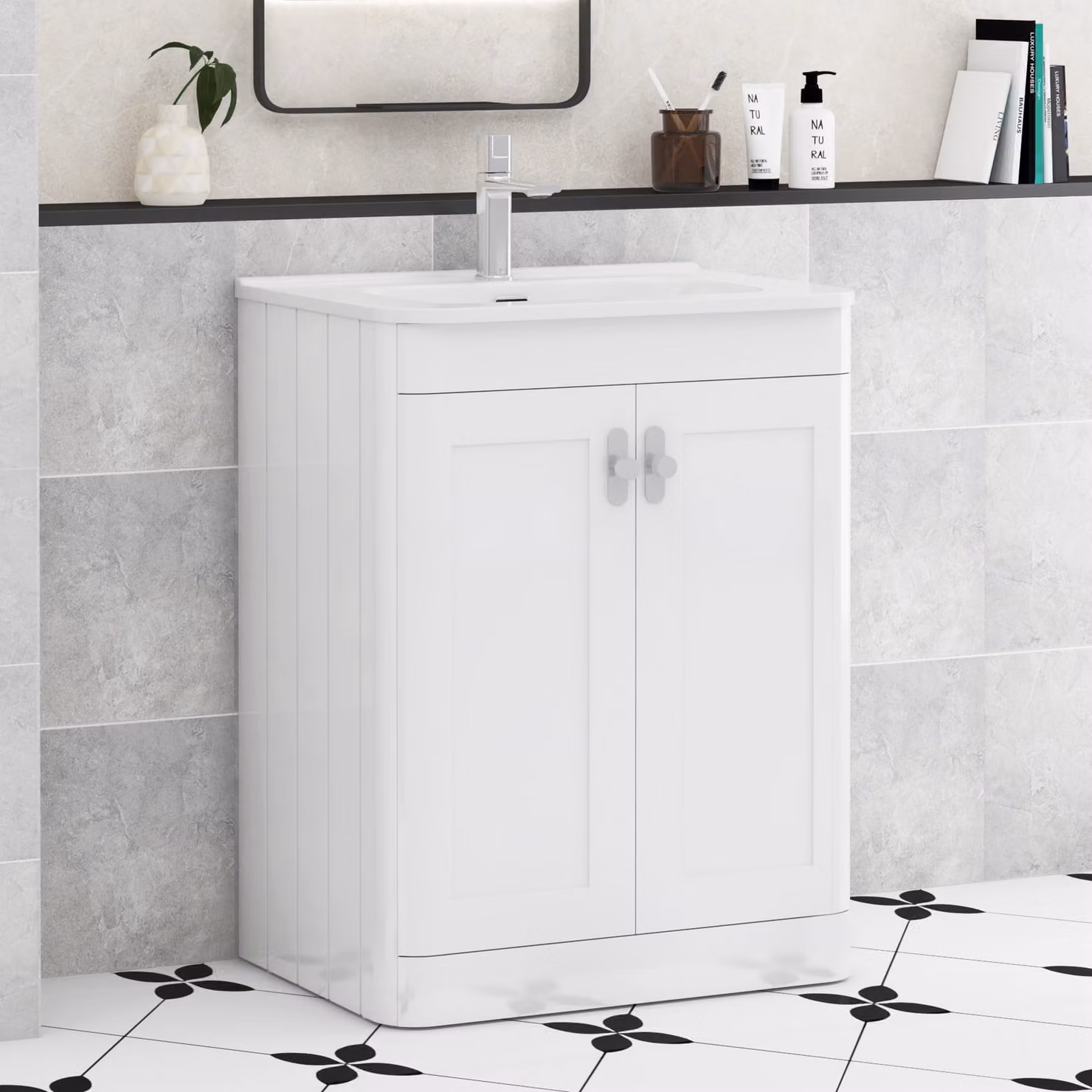 Royal Bathrooms Henley 600mm Gloss White Floor Standing 2 Door Vanity Unit with Ceramic Basin and Chrome Knob