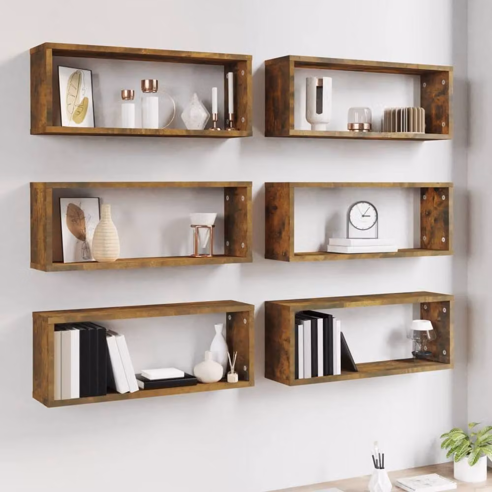 Berkfield Home Wall Mounted Cube Shelves, 6 Piece Set in Smoked Oak Brown, W: 60 cm, D: 23 cm, H: 15 cm – 5