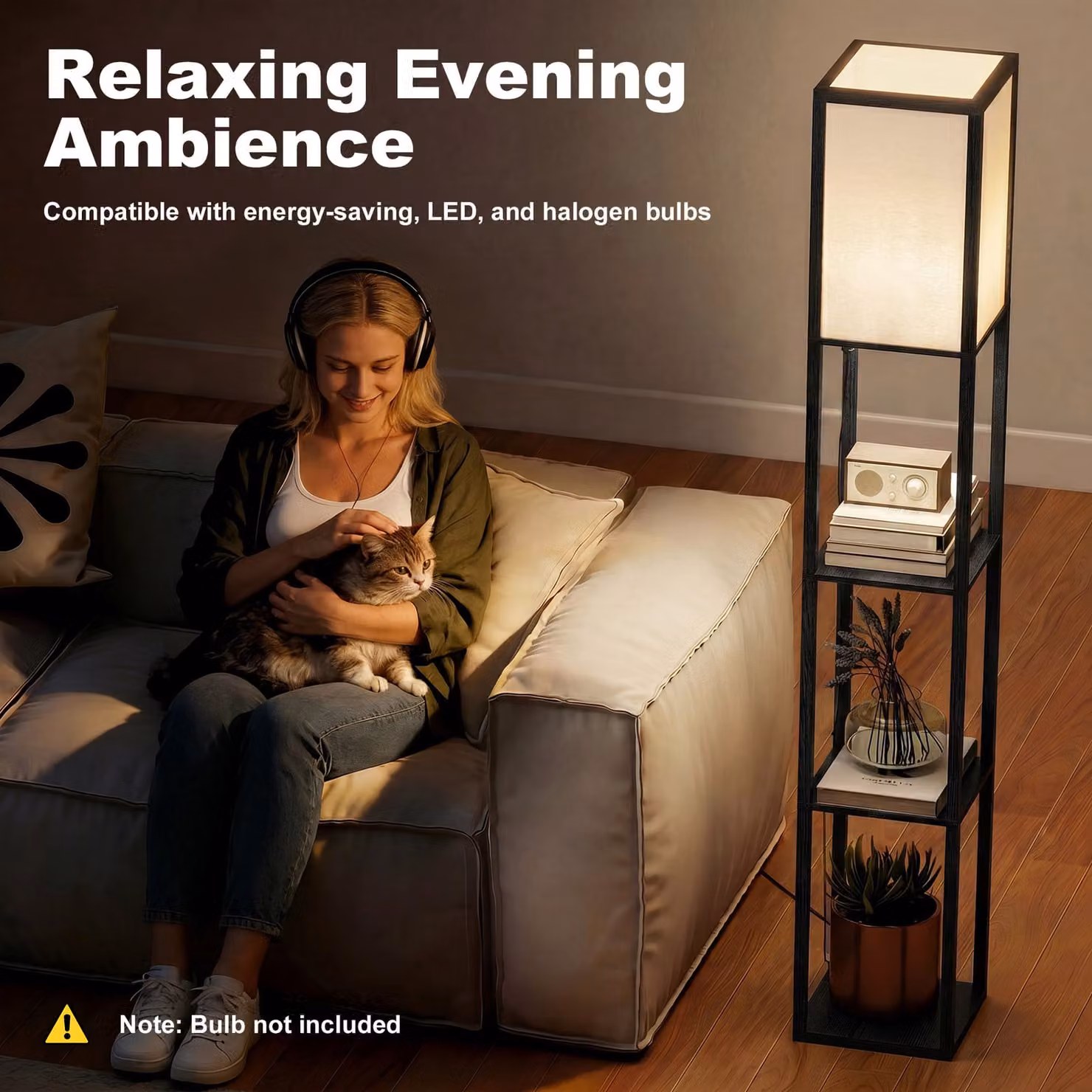 HOMCOM Modern Black Floor Lamp with 3-Layer Shelves for Living Room, Bedroom or Office, H 160 x W 26 x D 26 cm – 5