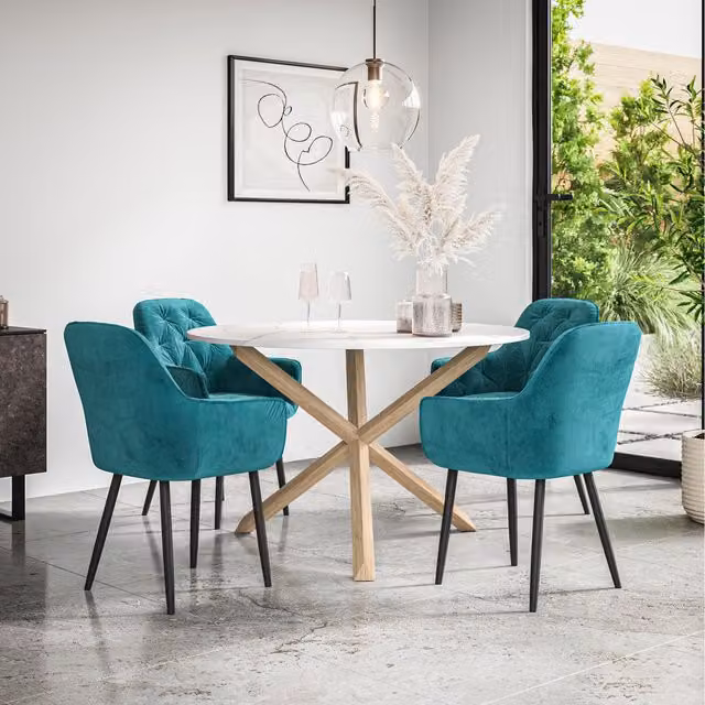 More4Homes Malvern Round Marble Effect Dining Table Set with 4 Blue Anika Velvet Chairs and Oak Legs, Diameter: 120 cm, Height: 75 cm