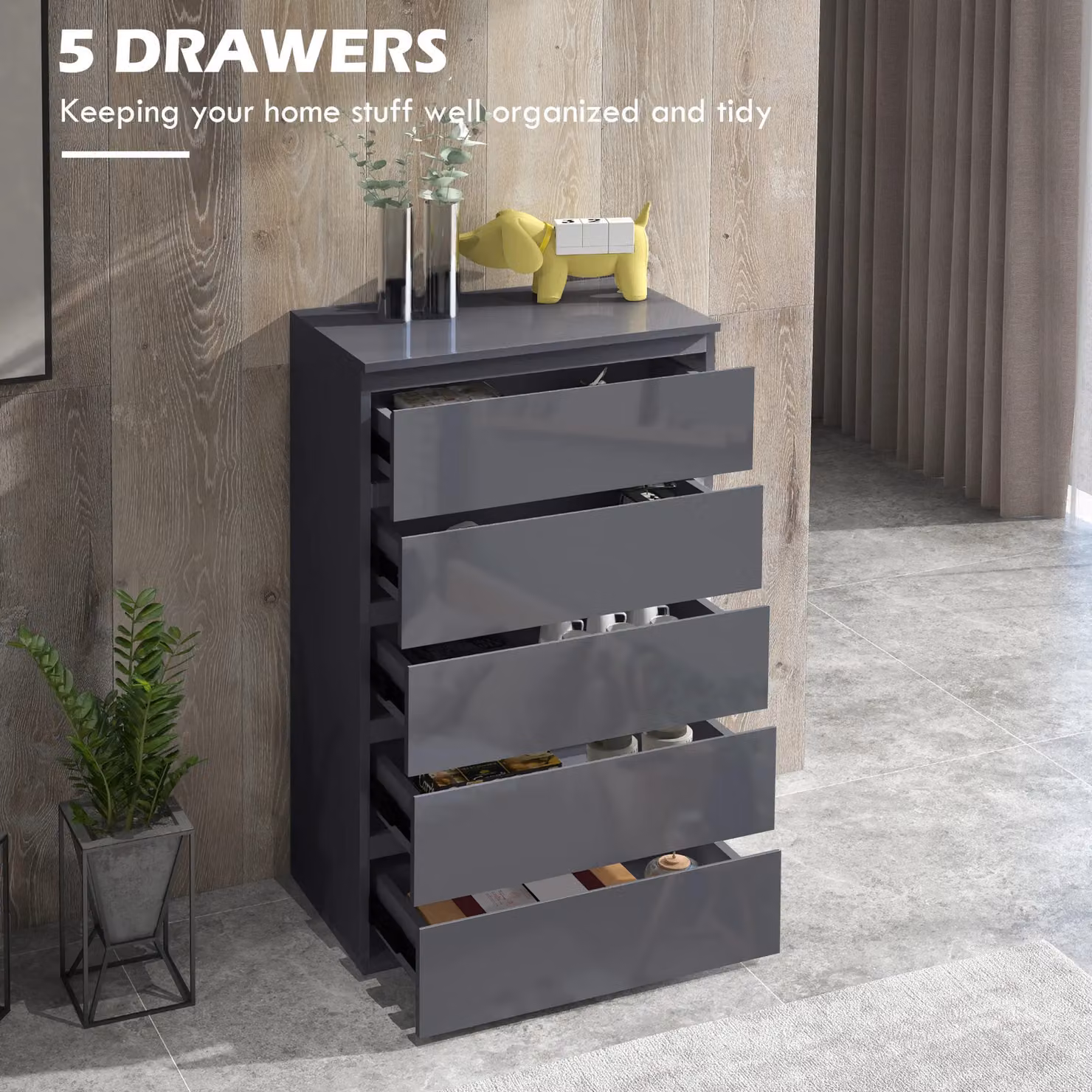 HOMCOM Modern Grey Bedroom Chest of Drawers with Soft-Close Drawers – 3