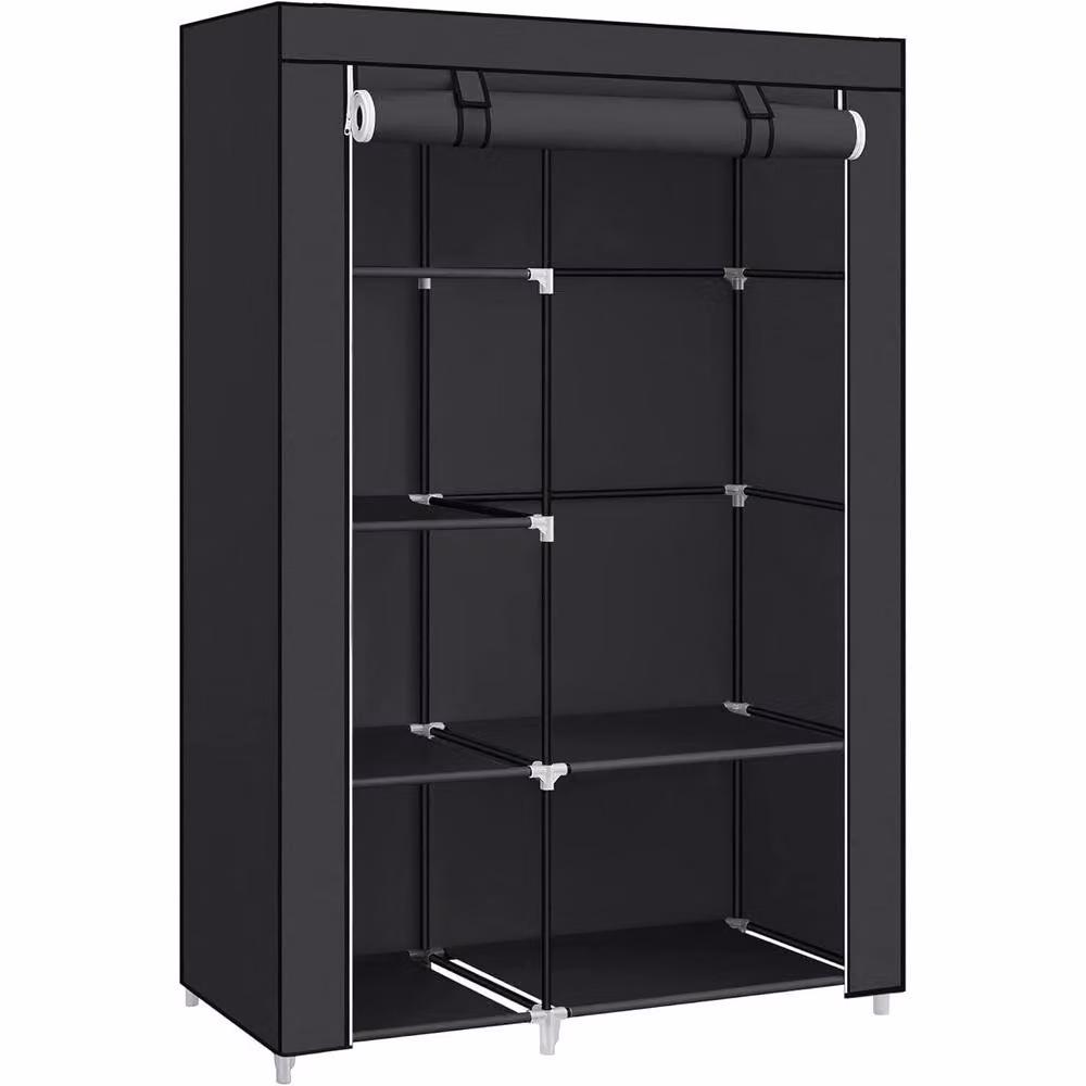 The Bazaarist Black Fabric Wardrobe with Internal Shelves and Hanging Rail – 2
